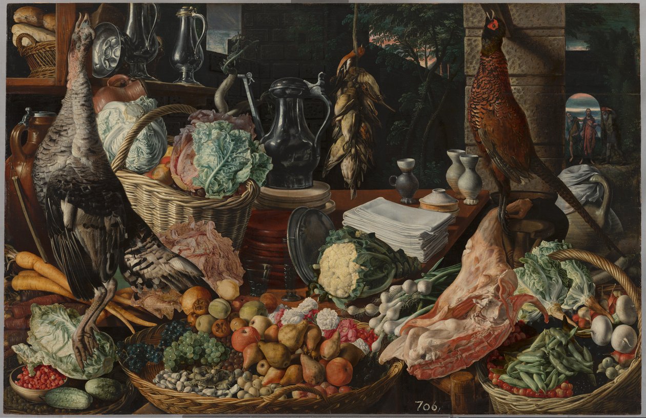 Keukenscène met Christus in Emmaüs door Joachim Beuckelaer