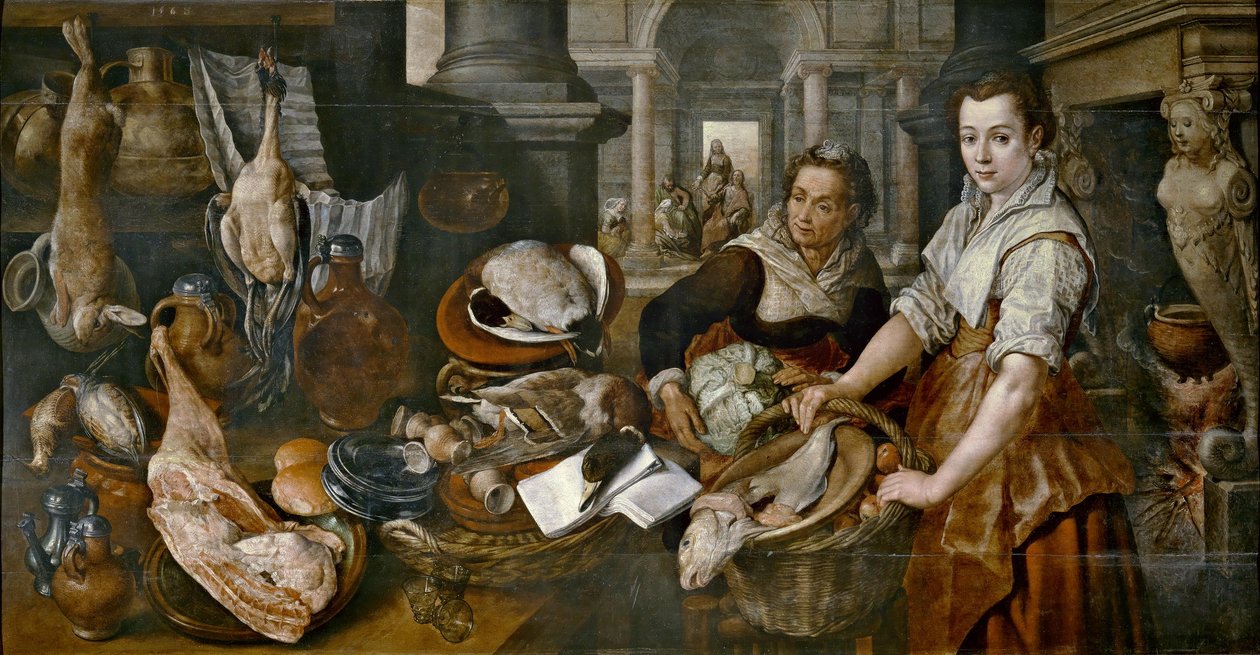 Spaans:  Cristo en casa de Marta y María Christus thuis bij Martha en Maria door Joachim Beuckelaer