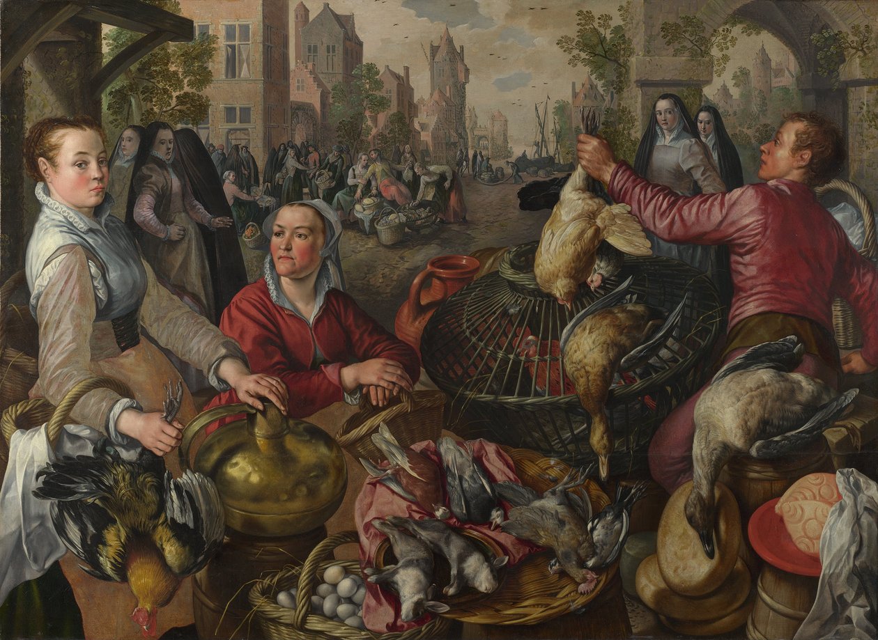 De Vier Elementen: Een Gevogelte Kraam in een stad met de Verloren Zoon op de achtergrond - een Allegorie van Lucht, 1569 door Joachim Beuckelaer