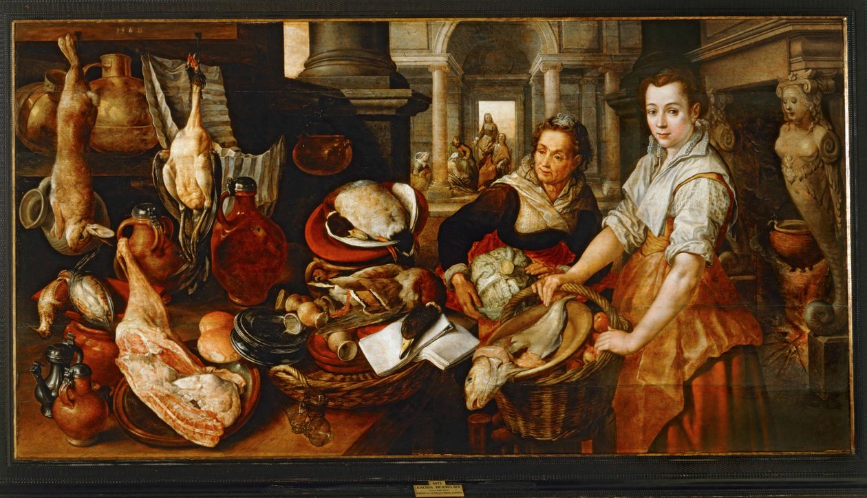 Jezus Christus bij Martha en Maria thuis ... (schilderij op doek) door Joachim Bueckelaer