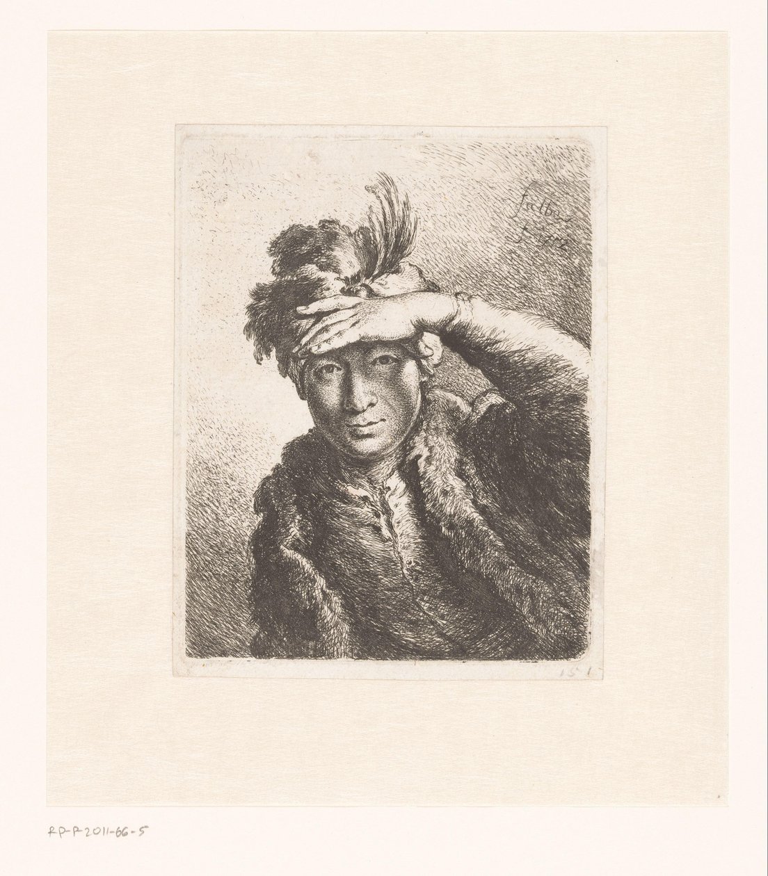 Portret van een man met een gevederde baret door Joachim Martin Falbe