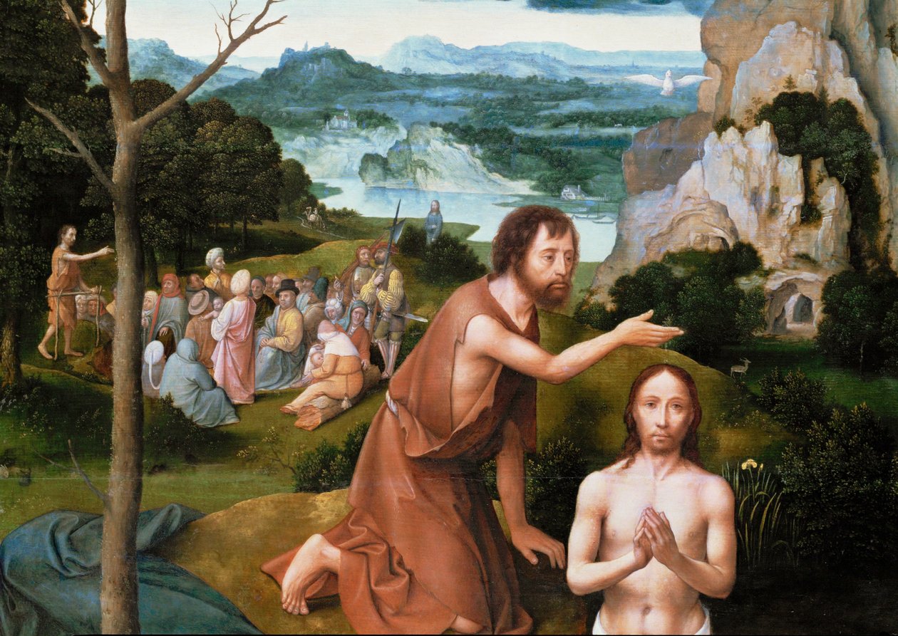 De doop van Christus (schilderij) door Joachim Patenier or Patinir