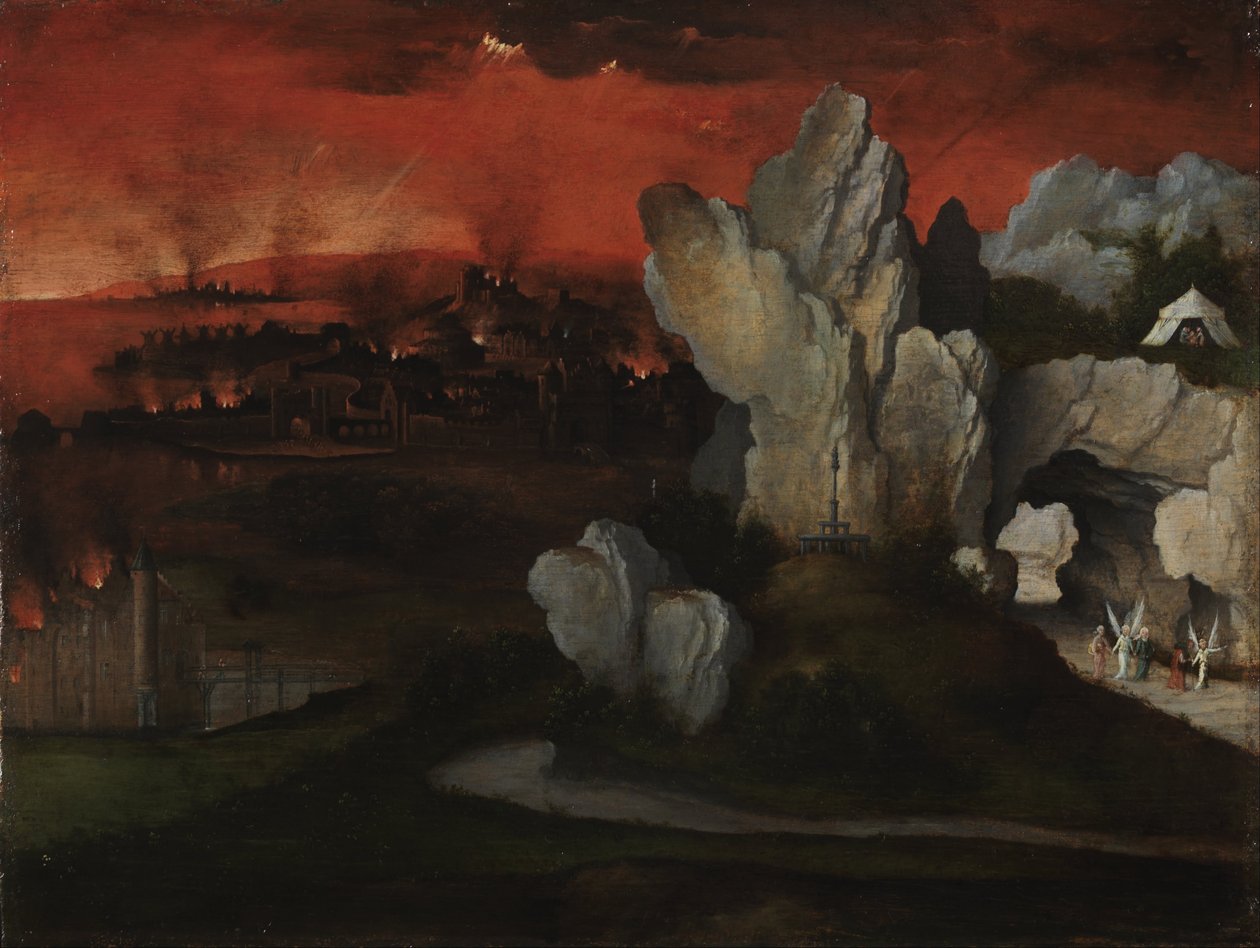 Landschap met de vernietiging van Sodom en Gomorra, ca. 1520 (olieverf op paneel) door Joachim Patinir