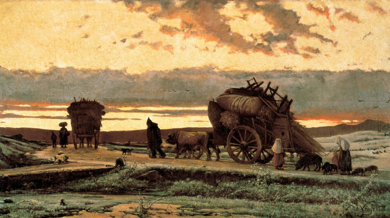 Verdriet. Pijn" (of winter): tafereel van boerenfamilies die van hun land worden gejaagd. Schilderij van Joaquim Vayreda i Vila (1843-1894). 1876. Barcelona. Nationaal Kunstmuseum van Catalonië. door Joachim Vayreda i Vila