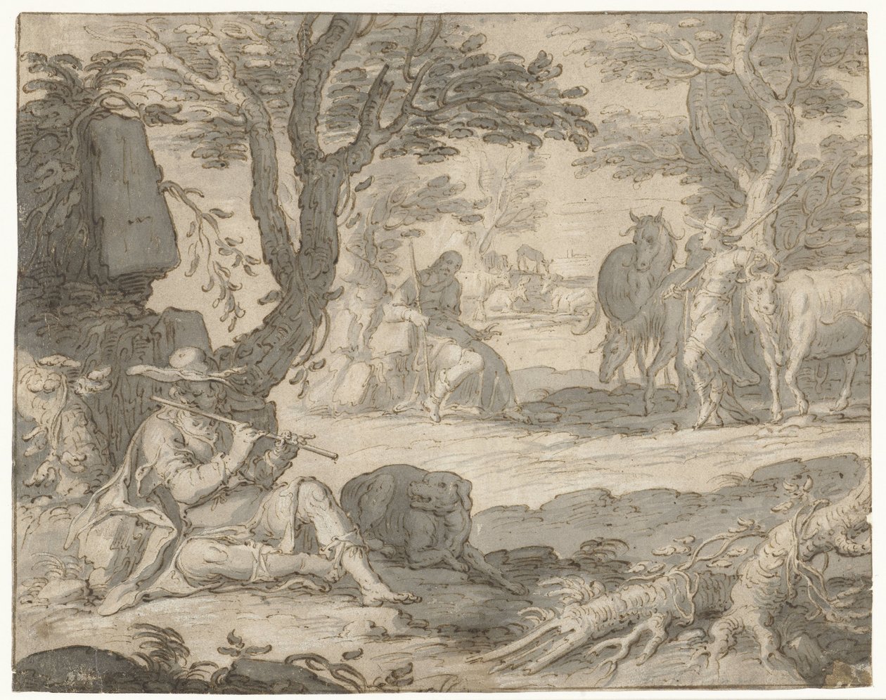 Apollo speelt de fluit terwijl hij de kudde van Admetus hoedt door Joachim Wtewael or Utewael