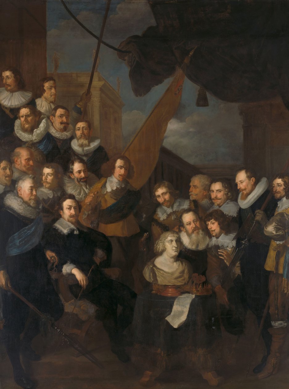 Officieren en andere Schutters van het XIXe District van Amsterdam, onder bevel van Kapitein Cornelis Bicker en Luitenant Frederick van Banchem, wachtend om Marie de Médicis te verwelkomen, 1 september 1638 door Joachim von Sandrart (I)