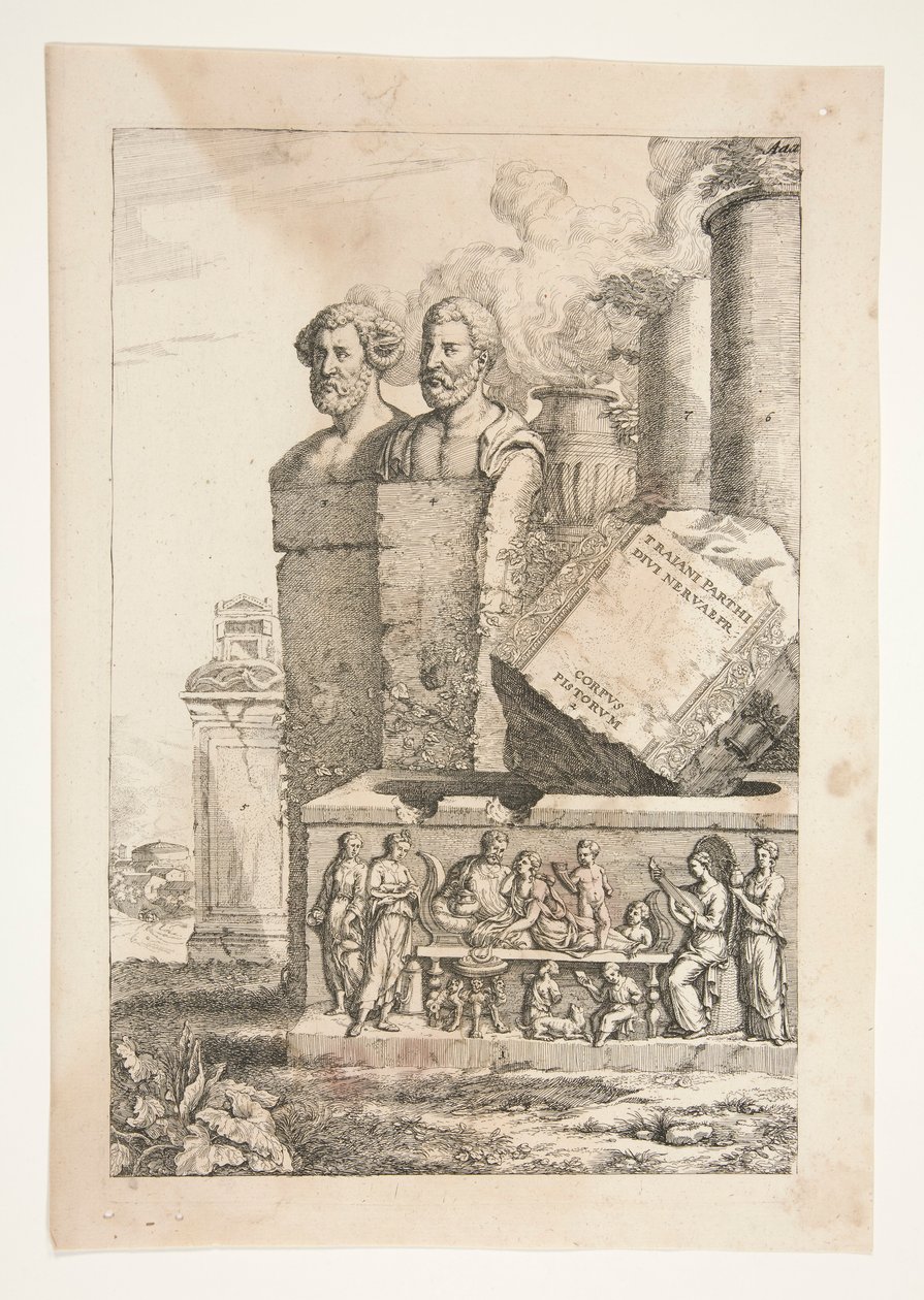 Portretbustes, zuilen, rokende urn en een reliëf door Joachim von Sandrart
