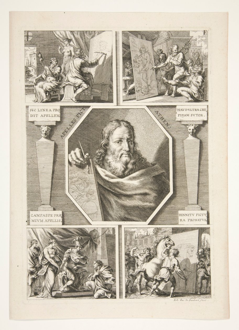 Portret van Apelles en vier scènes uit het leven van Apelles door Joachim von Sandrart