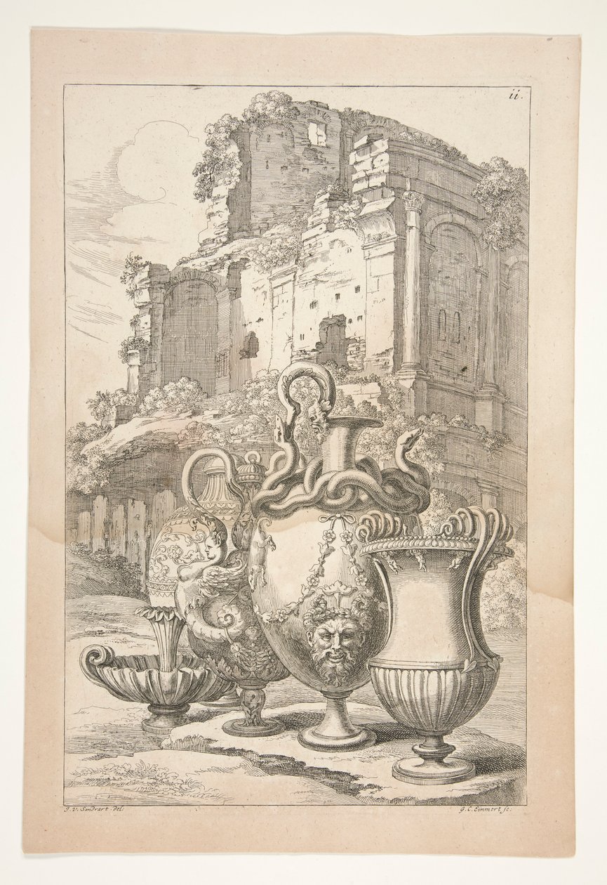 Vazen in een landschap tussen antieke ruïnes door Joachim von Sandrart