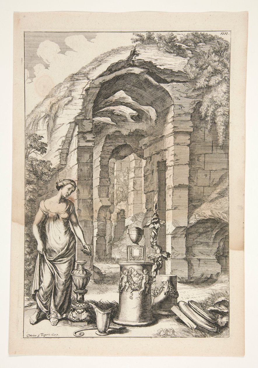Vrouw in antieke jurk met urnen, standaards en ruïnes door Joachim von Sandrart