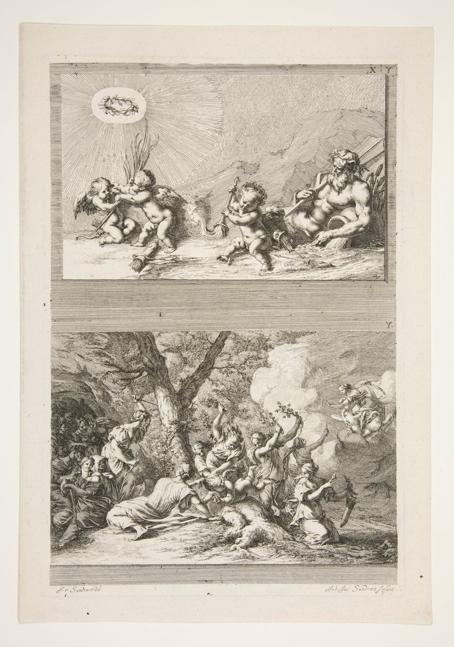 Bovenste helft: Een Riviergod en Putti die spelen met de Symbolen van Roem Onderste helft: De Straf van Cupido door Joachim von Sandrart