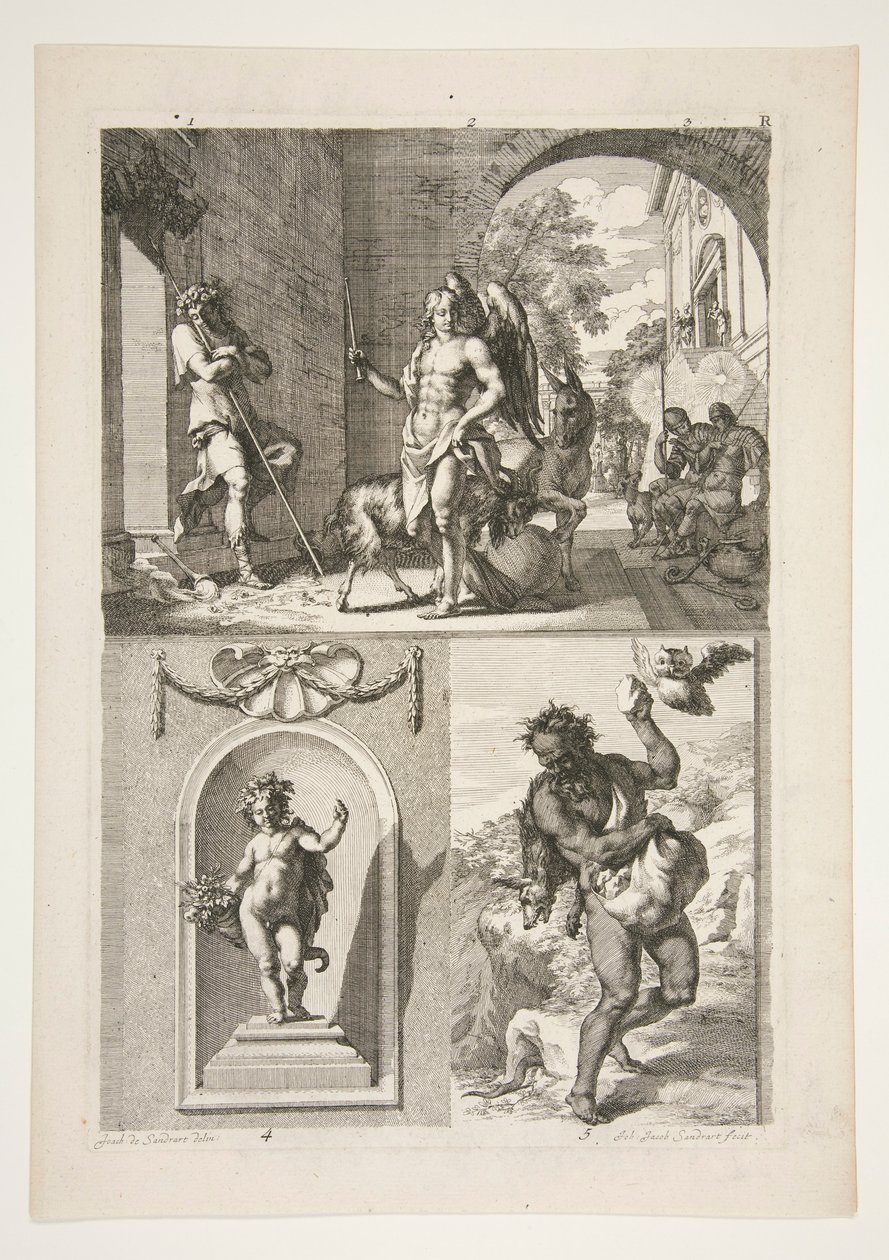 bovenste helft: Onbekend religieus onderwerp onderste helft: Een standbeeld van een putto in een nis en een standbeeld van een faun in een landschap door Joachim von Sandrart
