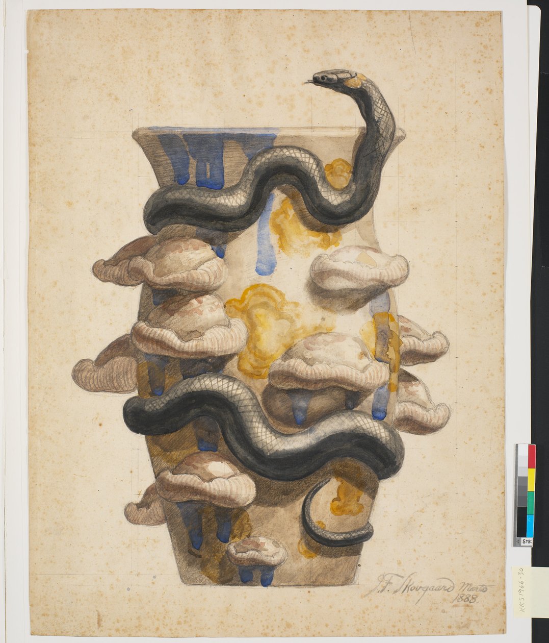 Voorstudie voor vaas versierd met plastisch gevormde slang en paddenstoelen door Joakim Frederik Skovgaard