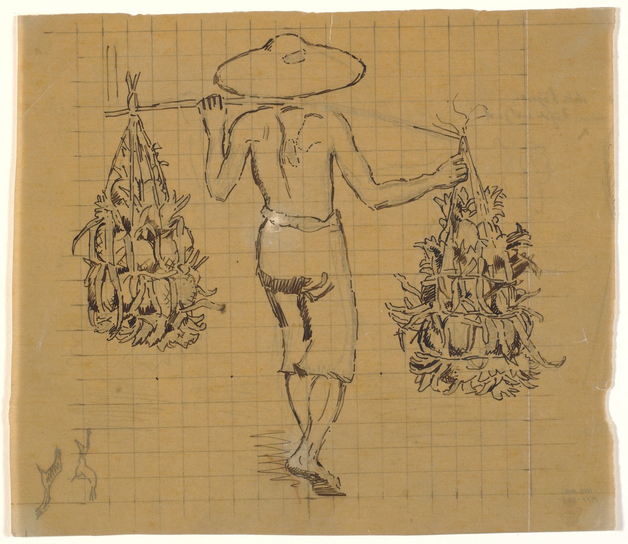 Javanese koelie met twee lasten op een juk, van achteren gezien door Joakim Frederik Skovgaard