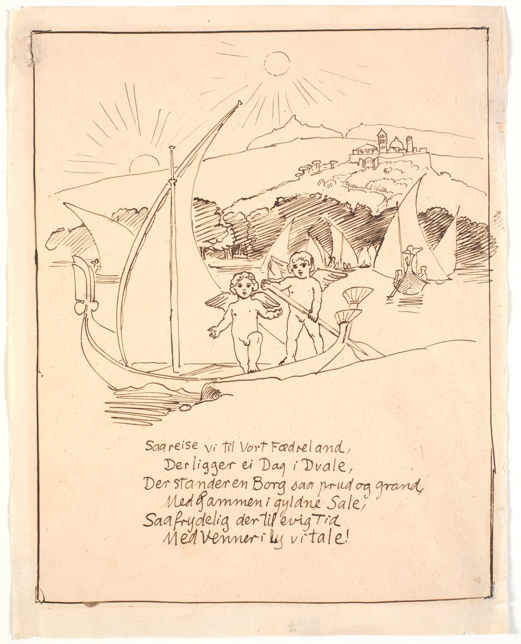 Ontwerp voor laatste illustratie met engelenkinderen in de boot door Joakim Frederik Skovgaard