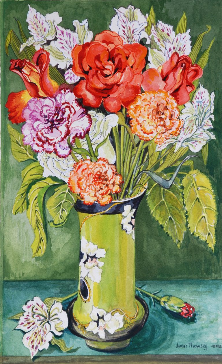 Anjers en Alstroemeria in een Art Nouveau vaas 2011 door Joan Thewsey