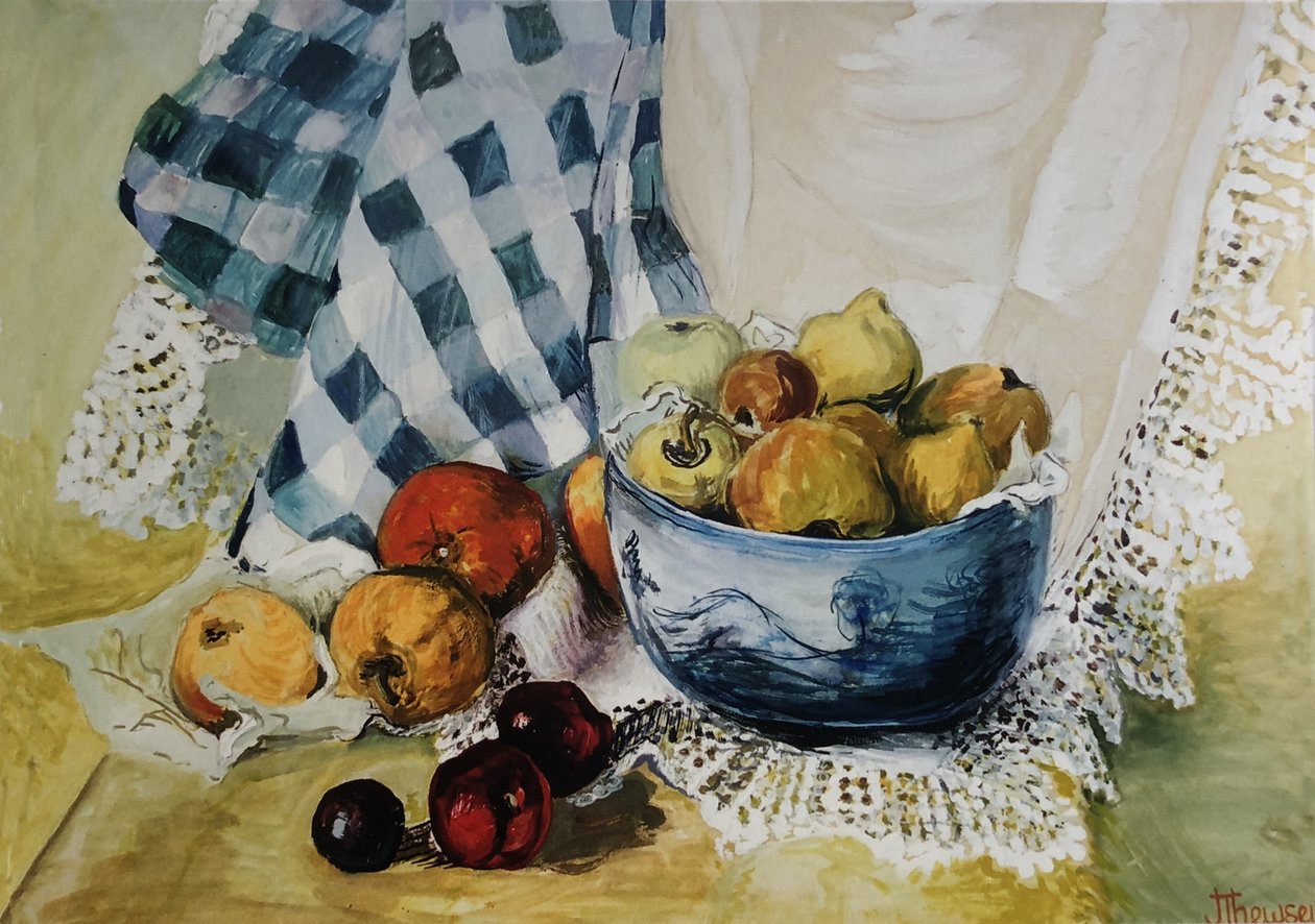 Stilleven met een Blauwe Kom, Appels, Peren, Textiel en Kant door Joan Thewsey