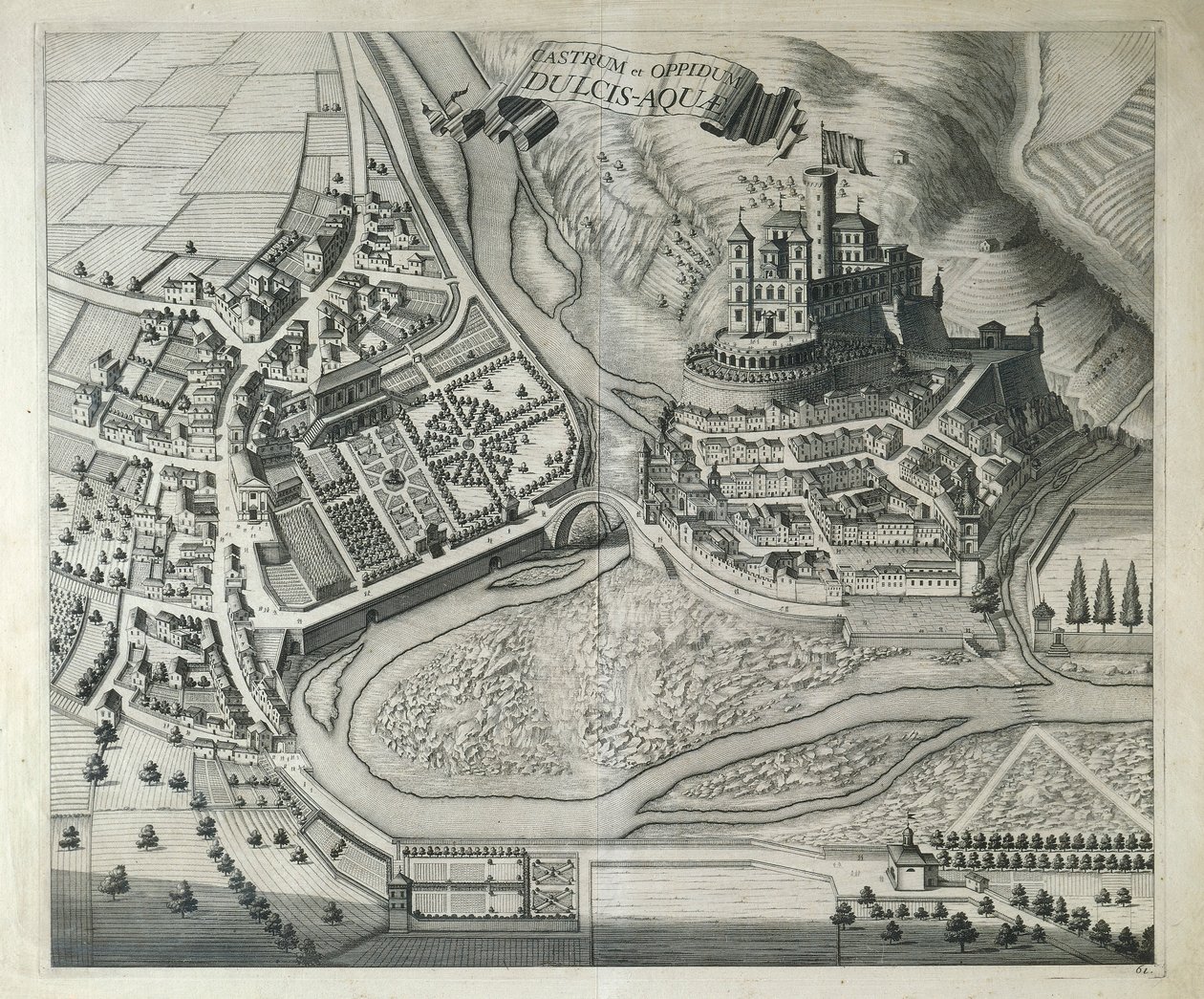 Italië, Dolceacqua, het dorp Dolceacqua (Imperia) uit Theatrum Regiae Celsitudinis Sabaudiae door Joan Blaeu