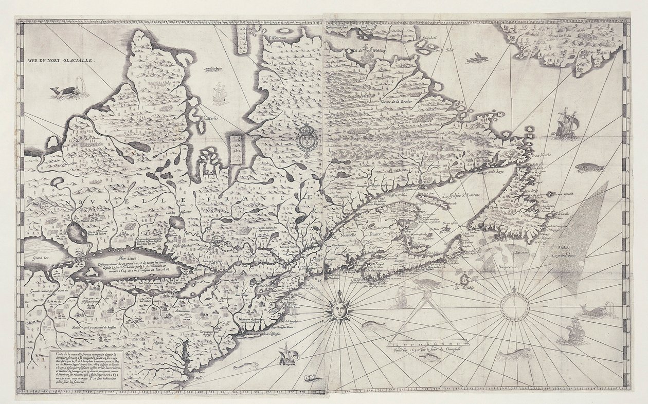 Kaart van Canada, gravure van onderzoek door Samuel de Champlain door Joan Blaeu