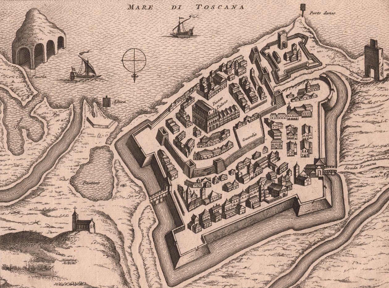 Kaart van Nettuno, Lazio, Italië, kopergravure, ca. 248x198 cm door Joan Blaeu