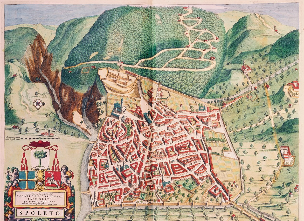 Kaart van Spoleto uit Theatrum civitatum et admirandorum Italiae, door Joan Blaeu, gravure door Joan Blaeu