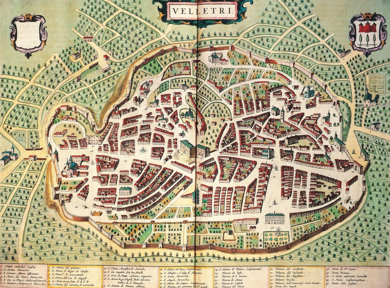 Kaart van Velletri, uit Theatrum civitatum et admirandorum Italiae, gravure door Joan Blaeu