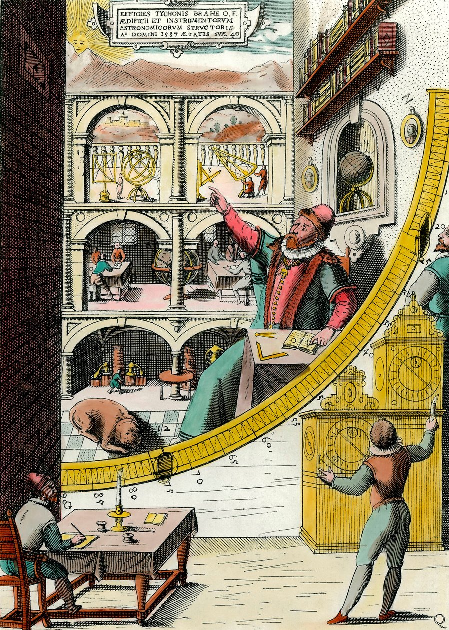 Afbeelding van Tycho Brahe, Deense astronoom in zijn observatorium. Gravure uit 