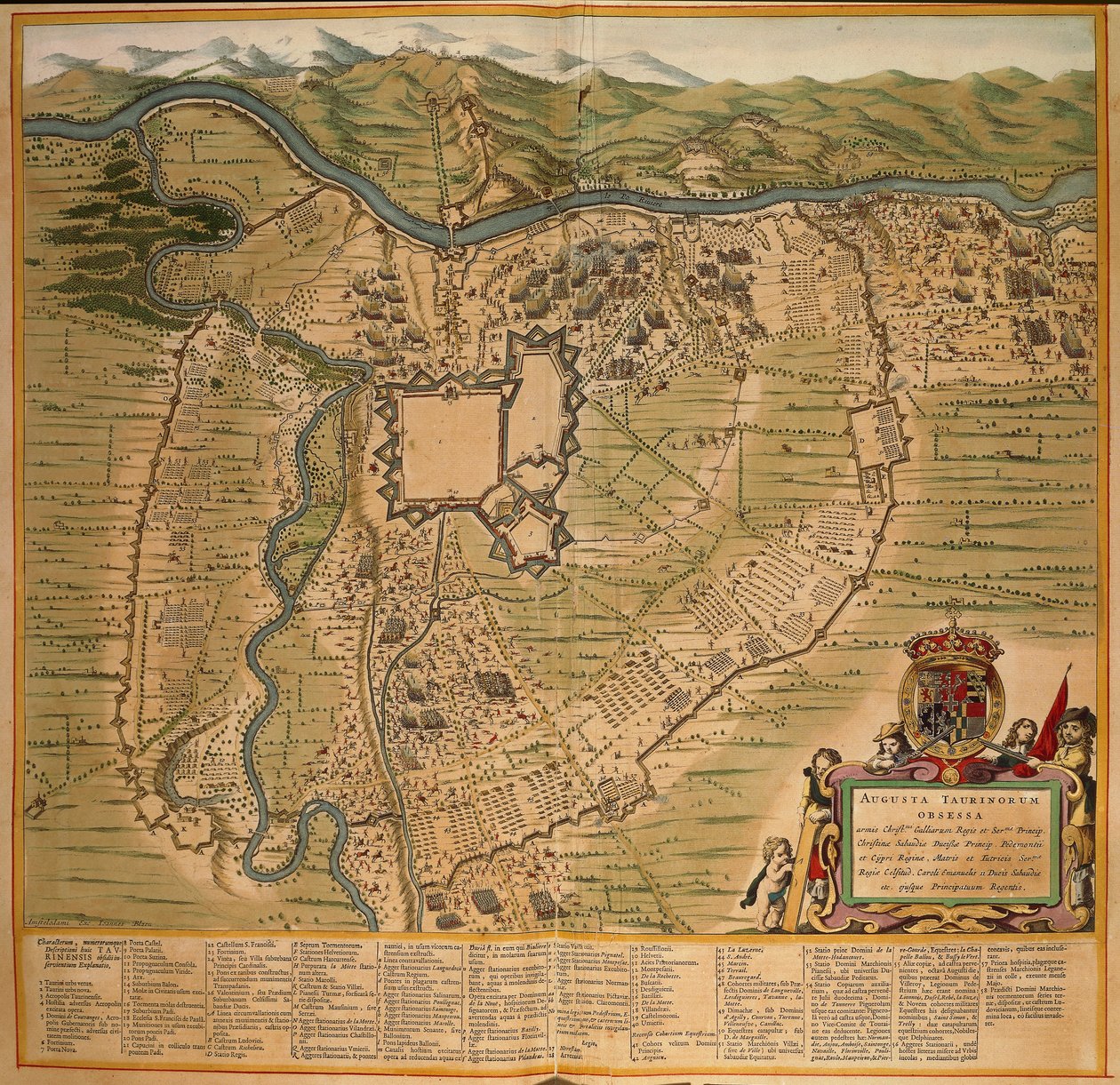 Het beleg van Turijn in 1639, kleurengraving uit Theatrum Sabaudiae door Joan Blaeu, gedrukt in Italië door Joan Blaeu