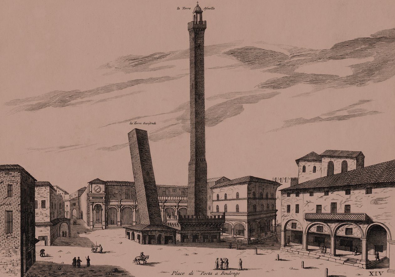 De twee torens (Asinelli en Garisenda), Bologna, Emilia-Romagna, Italië, kopergravure door Joan Blaeu