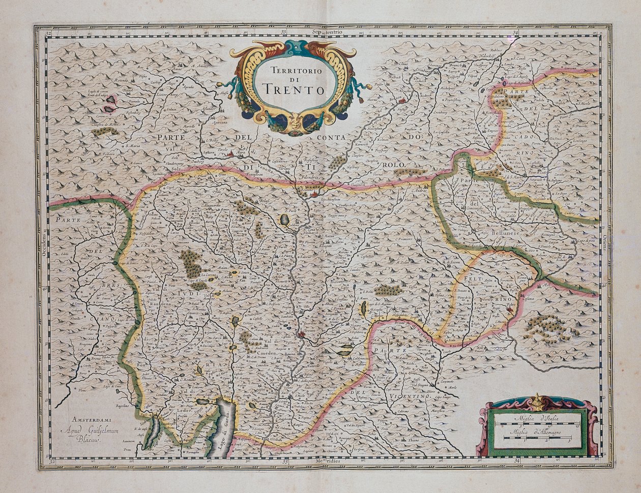 Trento-gebied, uit Theater of World, of New Atlas of Maps and Representations of All Regions (Theatrum orbis terrarum, sive, Atlas novus) door Joan Blaeu, Italië door Joan Blaeu