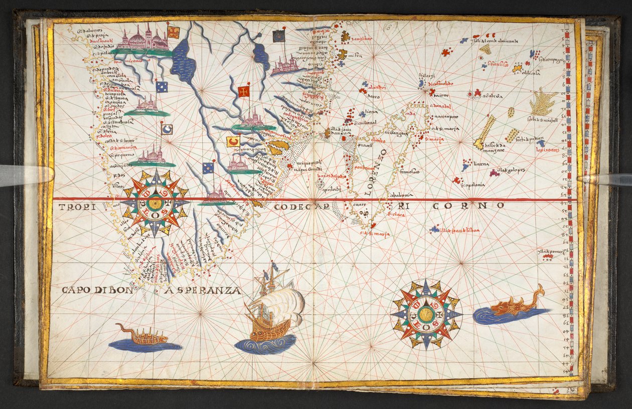 Een kaart van Afrika, ten zuiden van de evenaar, met een deel van de Indische Oceaan, uit 
