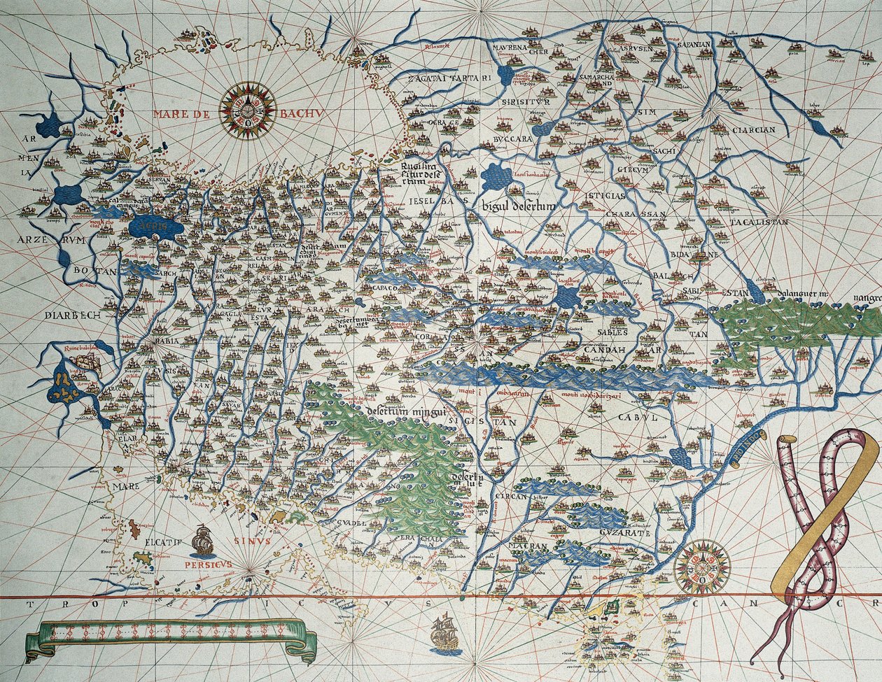 Kaart van Azië, inclusief Armenië, Iran, Afghanistan, met windroos, details van havens, kusten en zeeroutes, in Atlas de Joan Martines door Joan Martines