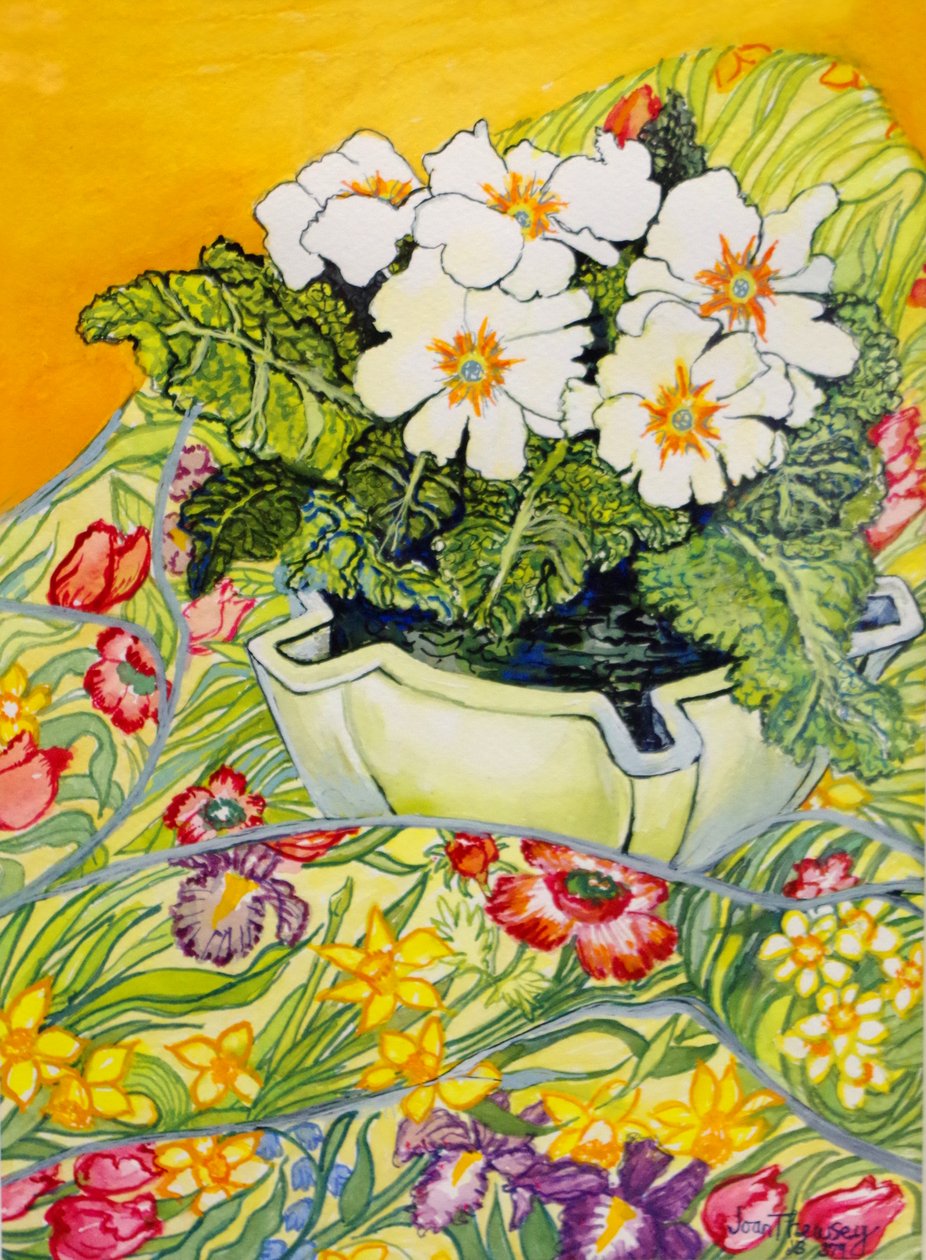 Bleke Sleutelbloem in een Pot met Voorjaarsbloeiende Textiel door Joan Thewsey