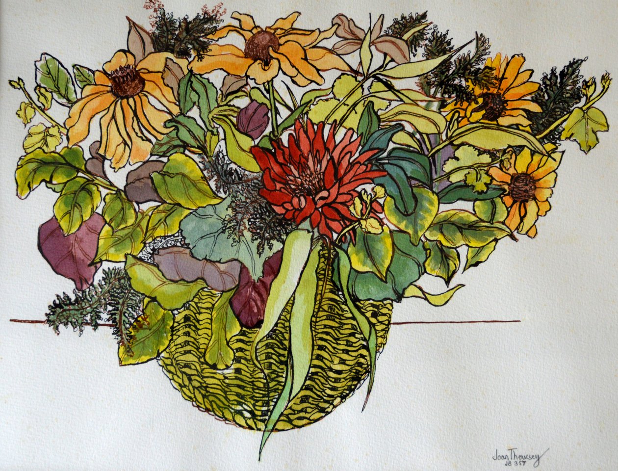 Rudbeckia met bladeren in een mand, 2011 door Joan Thewsey