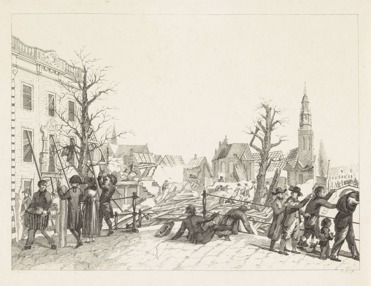 Ruïnes te Leiden na de buskruitramp, 1807 door Joannes Bemme