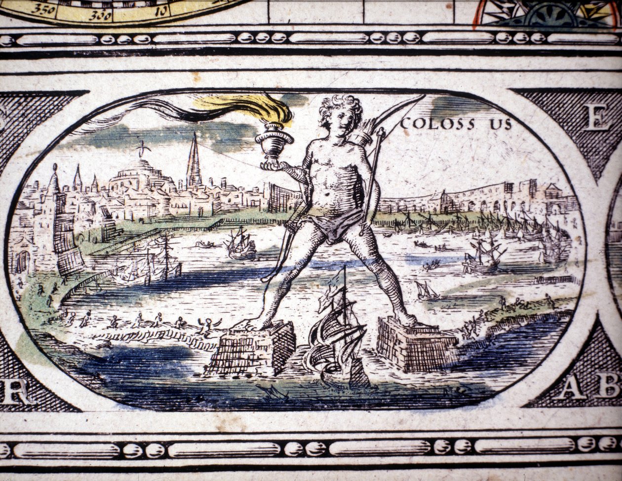 Voorstelling van de Zeven Wonderen van de Oudheid: de Kolossus van Rhodos. in de Atlas van Jansson Jannsonius gedrukt in Amsterdam in 1630. Privécollectie door Joannes Jansson