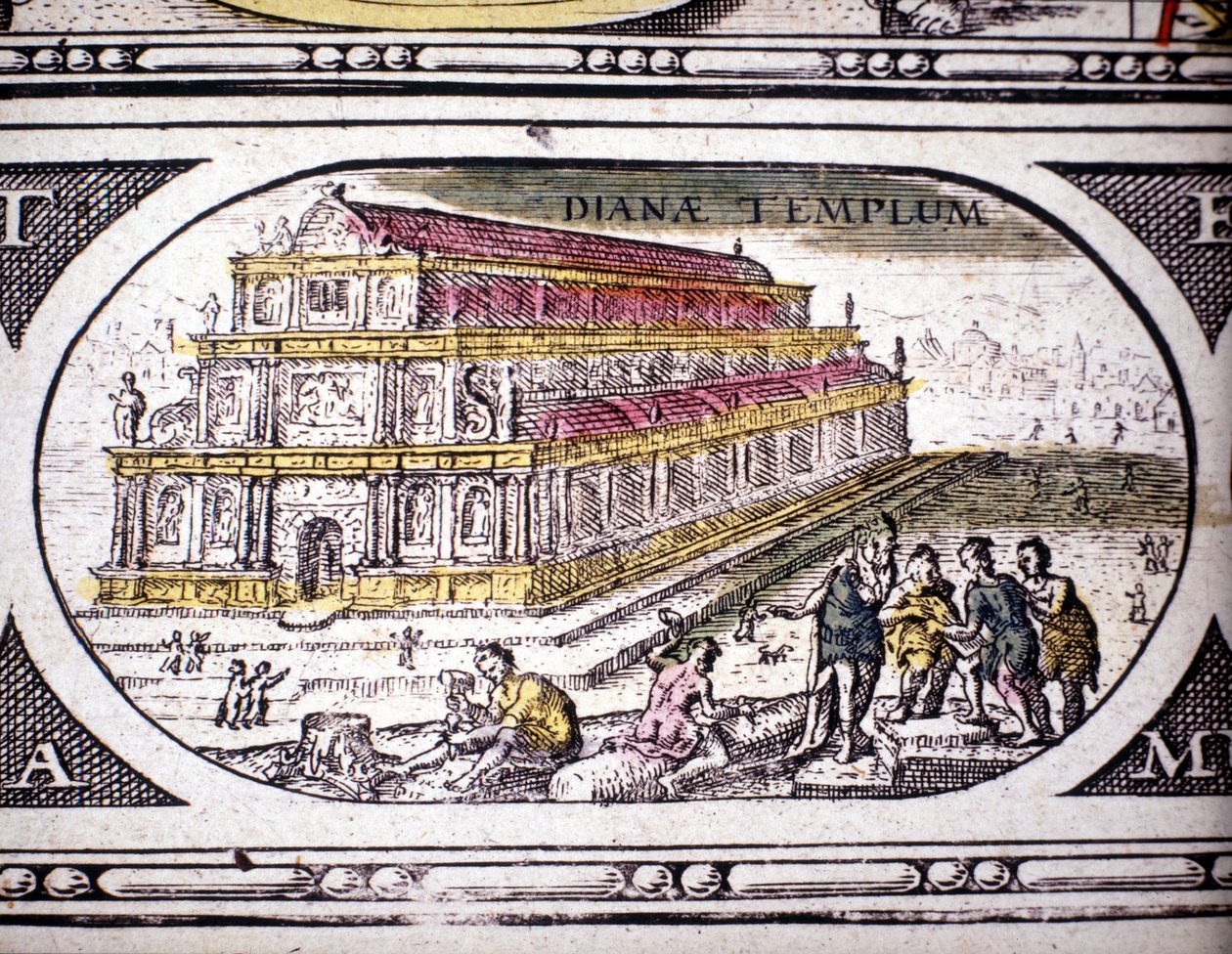 Voorstelling van de Zeven Wonderen van de Oudheid: de Tempel van Diana (Artemis) in Efeze. in de Atlas van Jansson Jannsonius gedrukt in Amsterdam in 1630. Privécollectie door Joannes Jansson