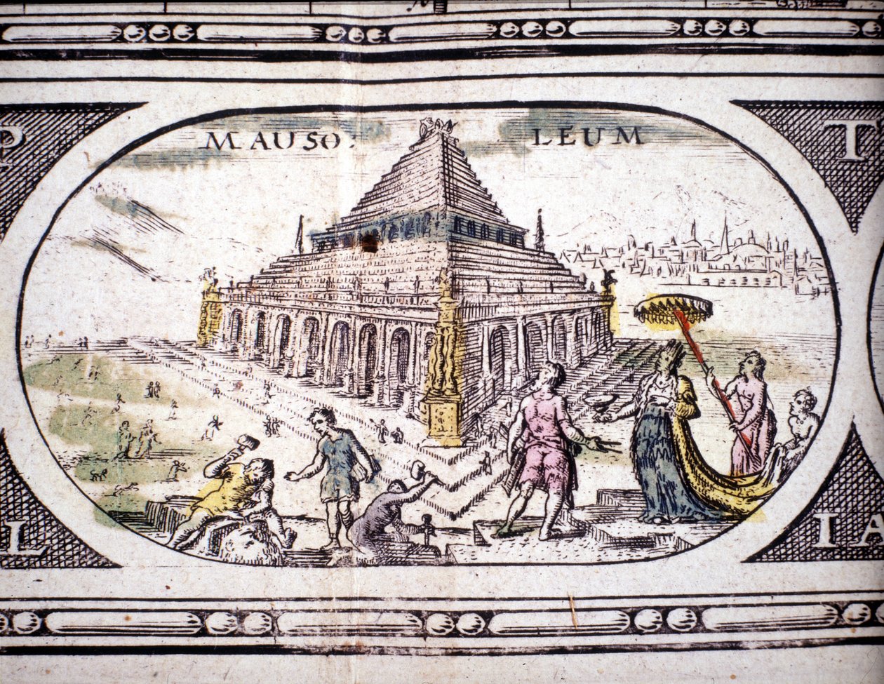 Voorstelling van de zeven wonderen van de oudheid: het Mausoleum van Halicarnassus. in de Atlas van Jansson Jannsonius gedrukt in Amsterdam in 1630. Privécollectie. door Joannes Jansson