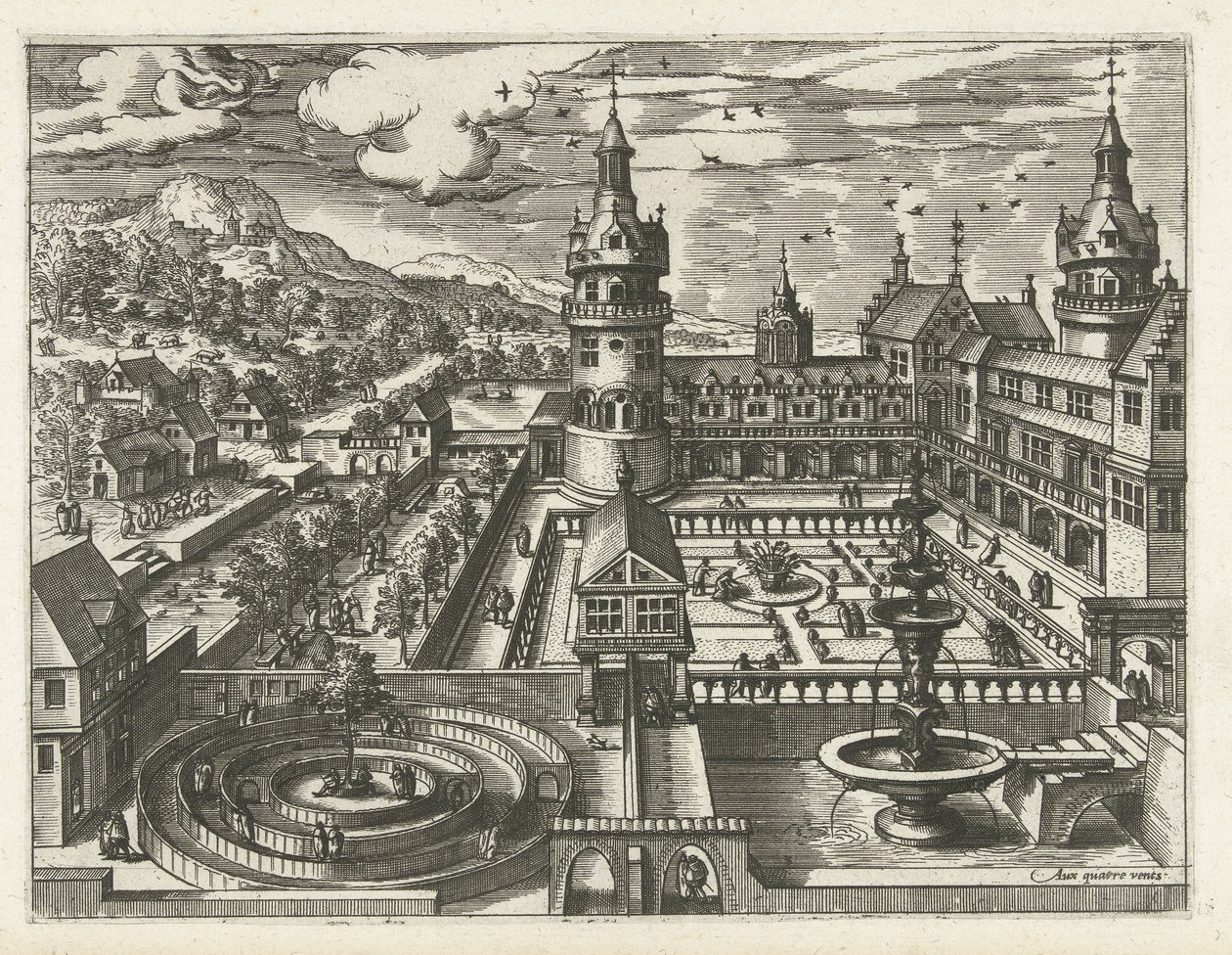 Kasteel met doolhof en fontein door Joannes van Doetechum (I) (attributed to)