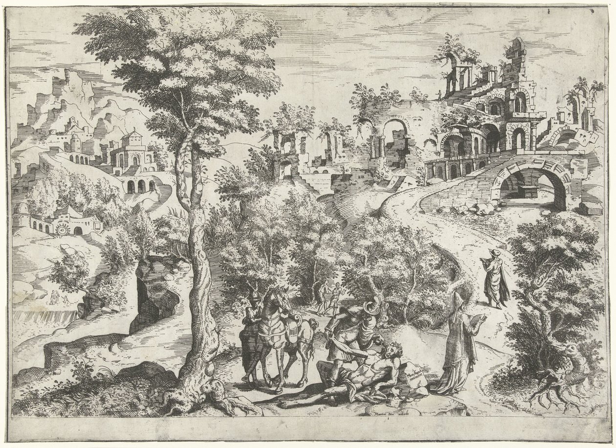 Landschap met de barmhartige Samaritaan door Joannes van Doetechum (I) (attributed to)