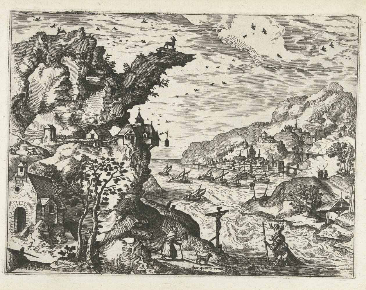 Landschap met de heilige Christoffel door Joannes van Doetechum (I) (attributed to)