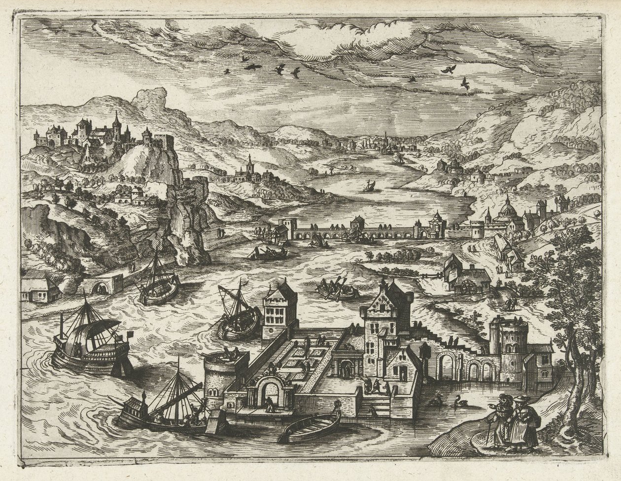 Rivierlandschap met waterburcht door Joannes van Doetechum (I) (attributed to)