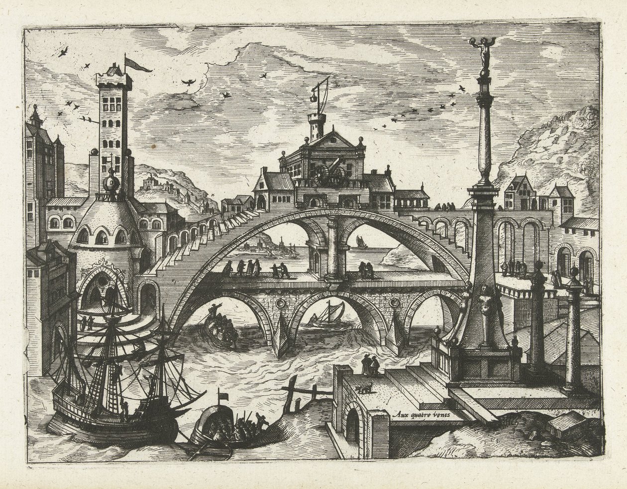 Stad met bebouwde brug door Joannes van Doetechum (I) (attributed to)