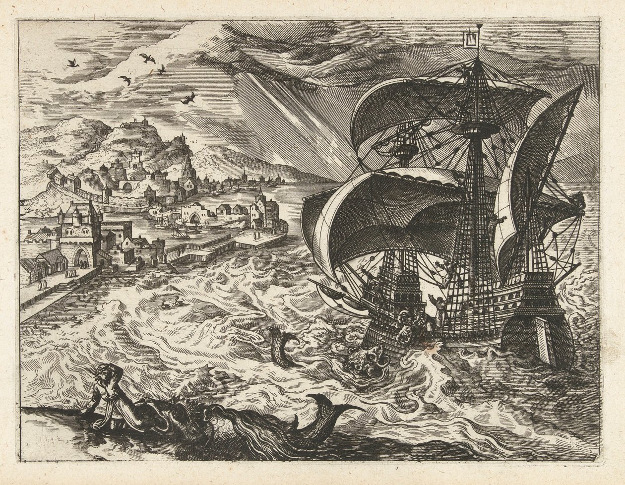 Zeegezicht met Jona en de walvis door Joannes van Doetechum (I) (attributed to)