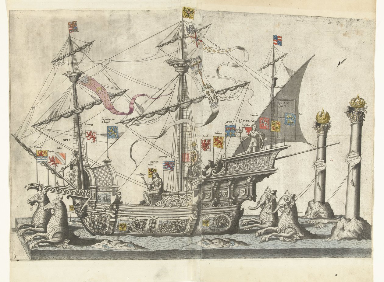 Het schip Victoria, nr. 5 Begrafenisoptocht van keizer Karel V, 1558 door Joannes van Doetechum (I)