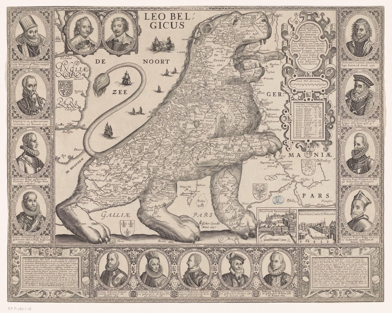 Kaart van de Zeventien Provinciën in de vorm van de Nederlandse leeuw door Joannes van Doetechum (II)