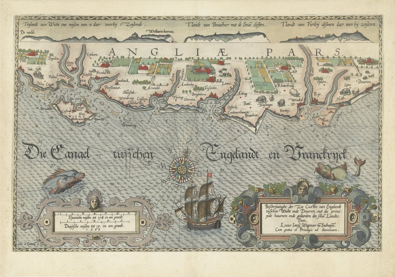 Kaart van de zuidkust van Engeland tussen het Isle of Wight en Dover door Joannes van Doetecum