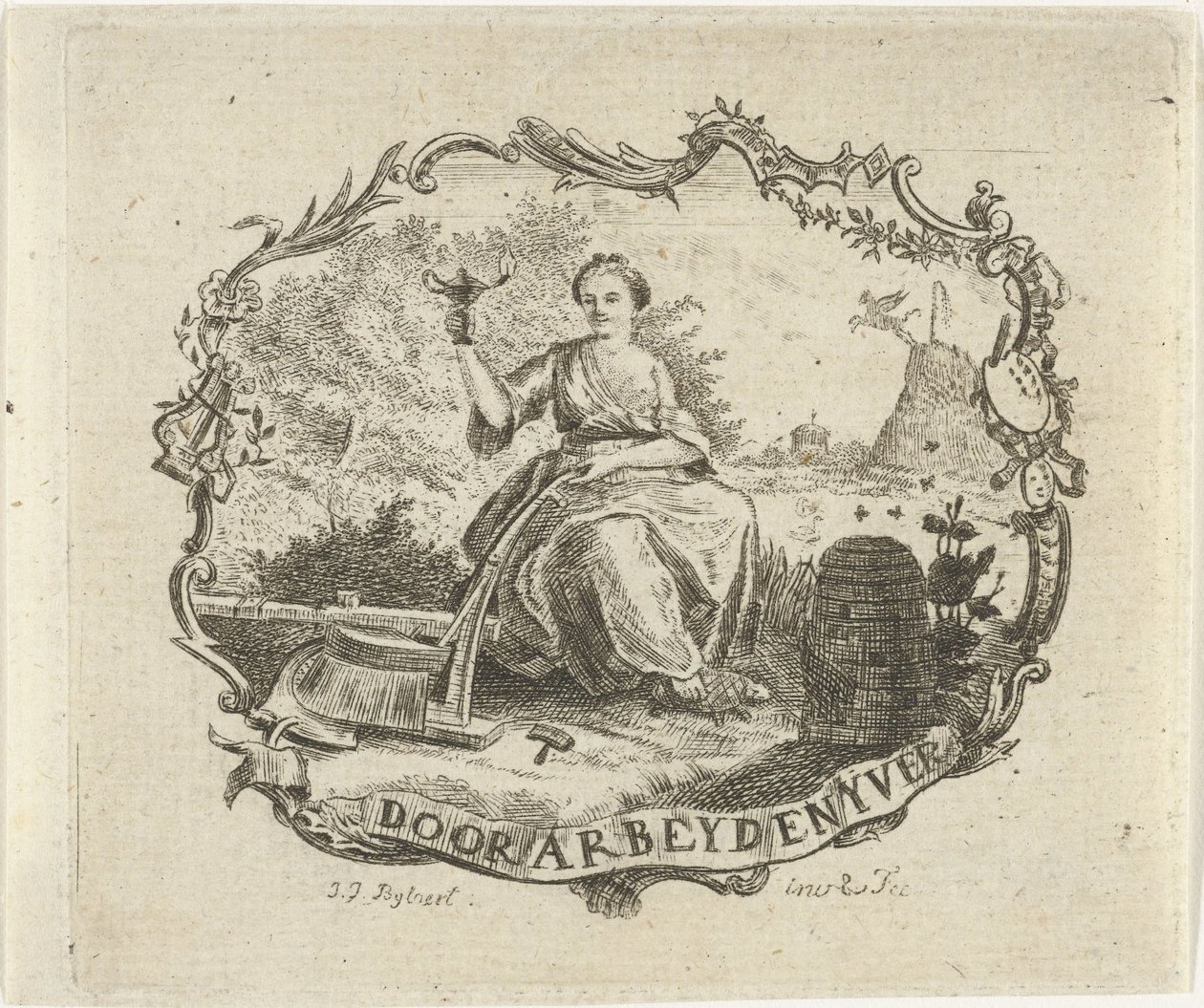 Vrouw met brandende lamp Arbeid en nijver (title on object) door Joannis Jacobus Bijlaert