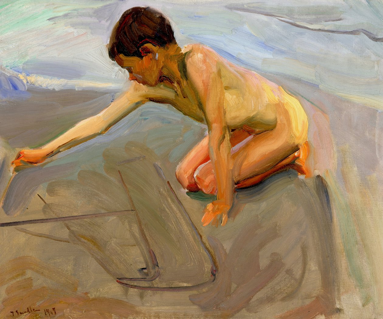 Tekenen in het zand door Joaquín Sorolla