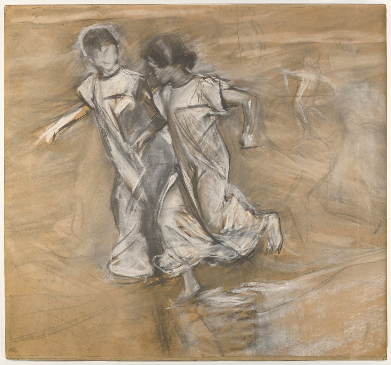 Zonder titel (Twee meisjes in het wit rennen arm in arm) door Joaquín Sorolla